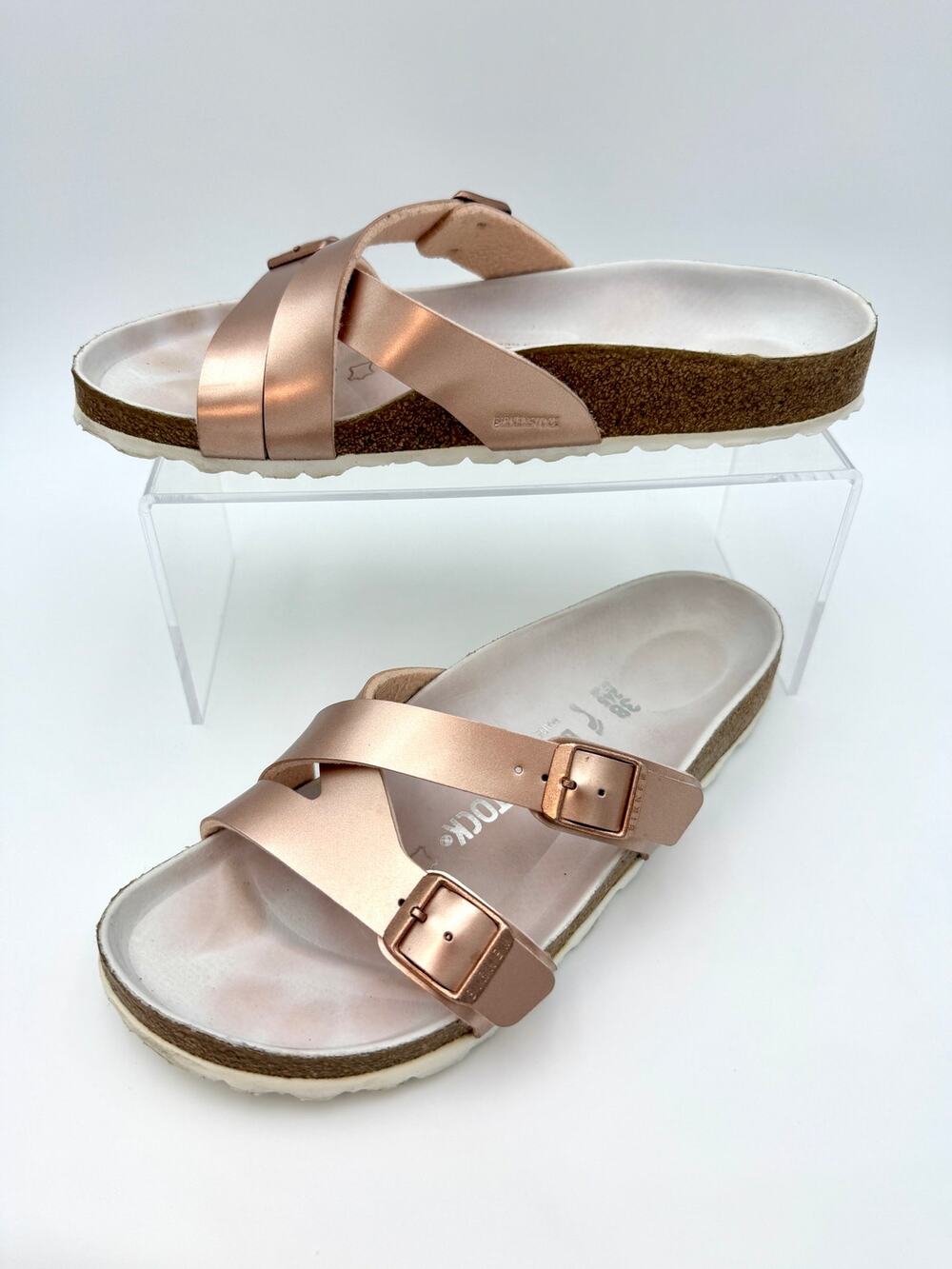 Birkenstock Yao Cross-Strap Slide Sandals Metallic Rose Pink Size 38 Narrow